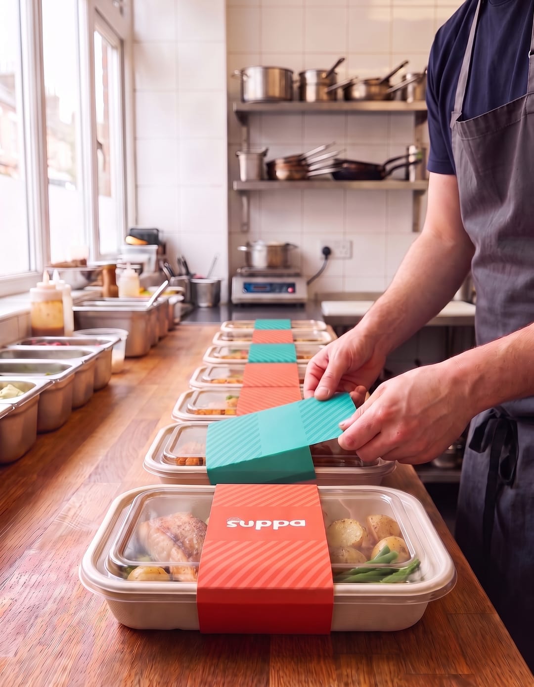 A chef lining up sleeved Suppa trays of chicken katsu curry on the pass of a Plymouth restaurant kitchen